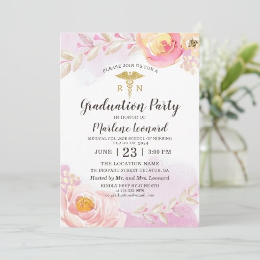 ピンクウォーターカラーバラRNナース卒業パーティー 招待状 (スタンド正面)