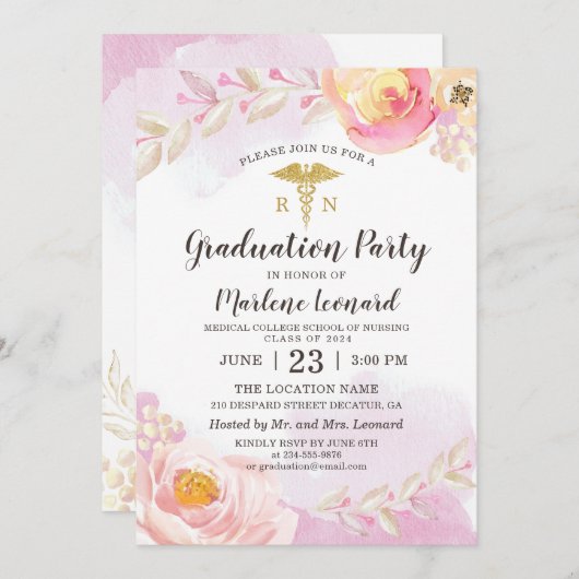 ピンクウォーターカラーバラRNナース卒業パーティー 招待状 (正面/裏面)