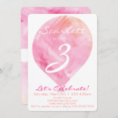 ピンクウォーターカラーバルーン小さな女の子誕生日 招待状 (正面/裏面)