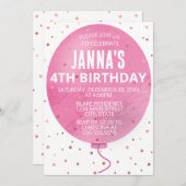 ピンクウォーターカラーバルーン誕生日パーティー 招待状 (正面/裏面)