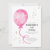 ピンクウォーターカラーバルーン金ゴールド紙吹雪誕生日 招待状 (正面)