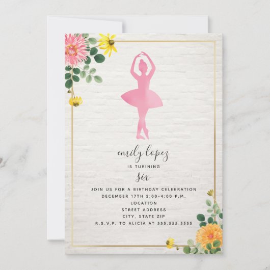 ピンクウォーターカラーバレリナブリックフローラ誕生日 招待状 (正面)