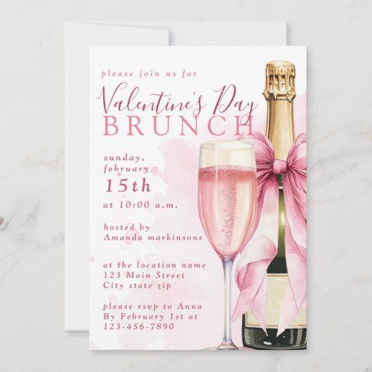 ピンクウォーターカラーバレンタインズデイブランチパーティー 招待状 (正面)
