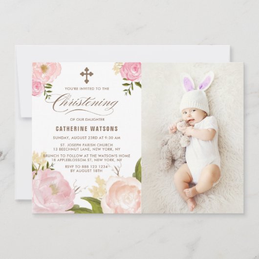ピンクウォーターカラーピニーズフォト《キリスト教》洗礼式や命名式 招待状 (正面)