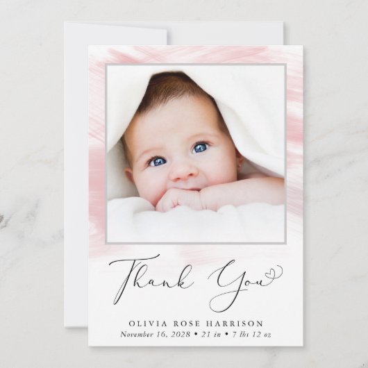 ピンクウォーターカラーフォトベビーガール誕生 案内状 (正面)