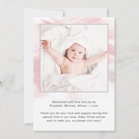 ピンクウォーターカラーフォトベビーガール誕生 案内状 (裏面)