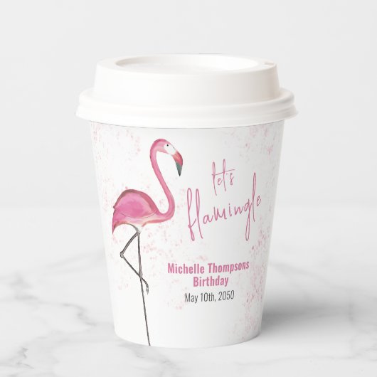 ピンクウォーターカラーフラミンゴ誕生日パーティー 紙コップ (正面)