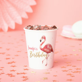 ピンクウォーターカラーフラミンゴ金ゴールドグリッター誕生日 紙コップ