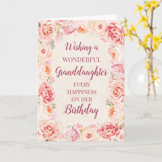 ピンクウォーターカラーフラワーズグランドドーター誕生日 カード (黄色い花)