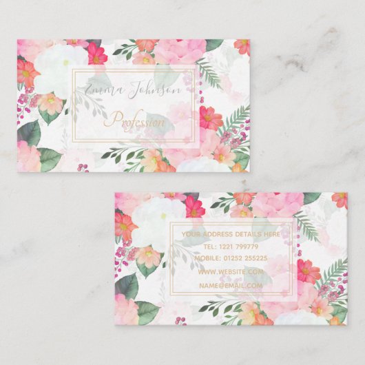 ピンクウォーターカラーフラワーズホワイトデザイン 名刺 (正面/裏面)
