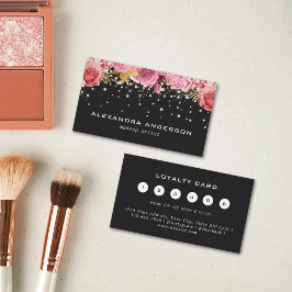ピンクウォーターカラーフラワーダイヤモンドグリッターサロンブラック ロイヤリティカード