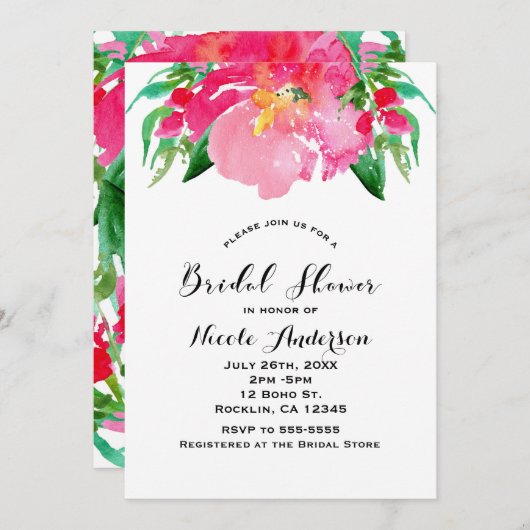 ピンクウォーターカラーフラワーフローラ夏ブライダルシャワー 招待状 (正面/裏面)