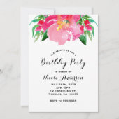 ピンクウォーターカラーフラワーフローラ夏誕生日 招待状 (正面)
