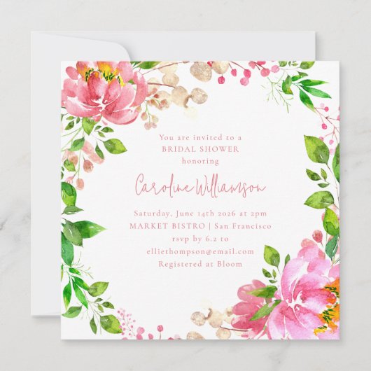 ピンクウォーターカラーフラワーリース素朴ブライダルシャワー 招待状 (正面)