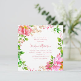 ピンクウォーターカラーフラワーリース素朴ブライダルシャワー 招待状