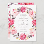 ピンクウォーターカラーフラワーリース結婚式招待状 招待状 (正面/裏面)