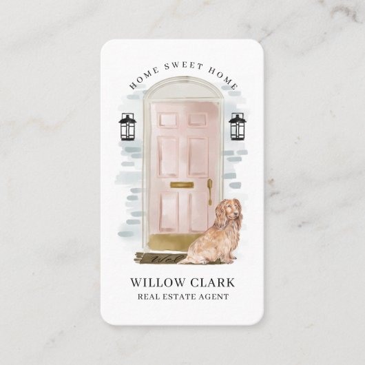 ピンクウォーターカラーフロントドアドッグ実在エステートエージェント 名刺 (正面)