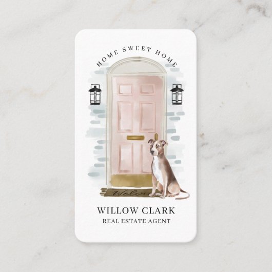 ピンクウォーターカラーフロントドアドッグ実在エステートエージェント 名刺 (正面)