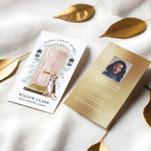 ピンクウォーターカラーフロントドアドッグ実在エステートエージェント 名刺