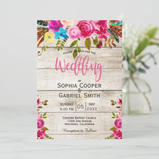 ピンクウォーターカラーフローラウッドタイポグラフィ結婚ズ 招待状 (スタンド正面)