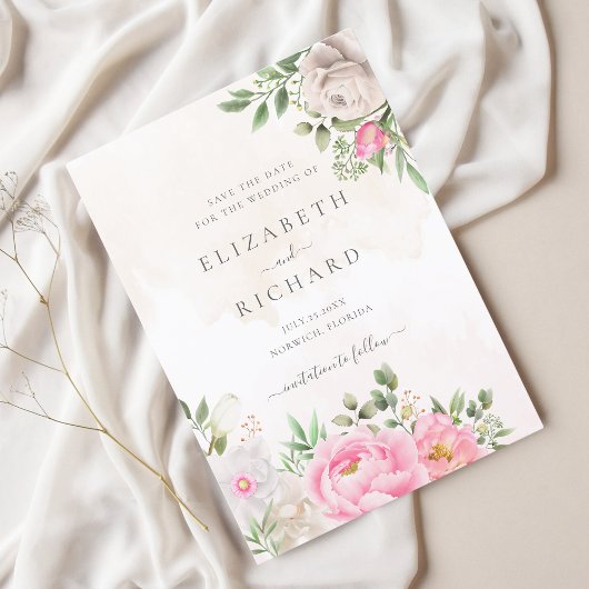 ピンクウォーターカラーフローラエレガントな結婚式 セーブザデート