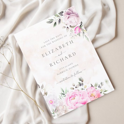 ピンクウォーターカラーフローラエレガントな結婚式 セーブザデート