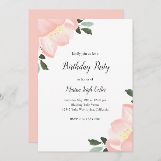 ピンクウォーターカラーフローラエレガントな誕生日パーティー 招待状 (正面/裏面)