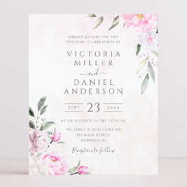 ピンクウォーターカラーフローラエレガントウェディング招待状
