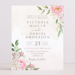 ピンクウォーターカラーフローラエレガントウェディング招待状