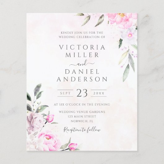 ピンクウォーターカラーフローラエレガントウェディング招待状 (正面)