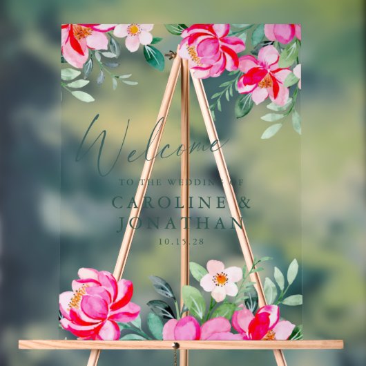 ピンクウォーターカラーフローラカスタムウェディングウェルカム アクリルサイン (ニュートラル)