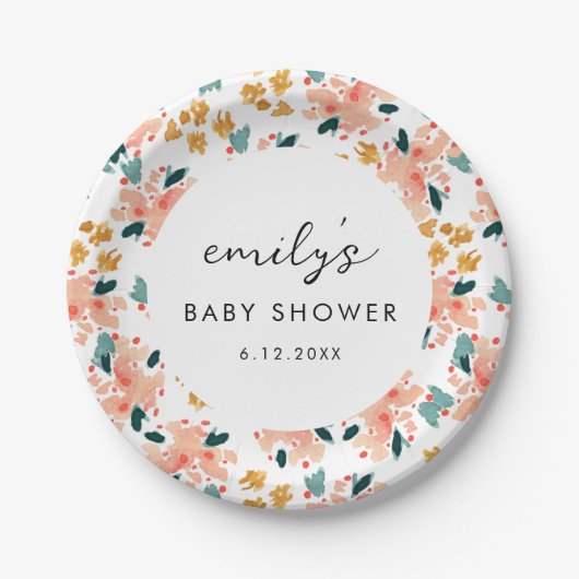 ピンクウォーターカラーフローラガーデンベビーシャワー ペーパープレート (正面)