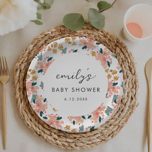 ピンクウォーターカラーフローラガーデンベビーシャワー ペーパープレート