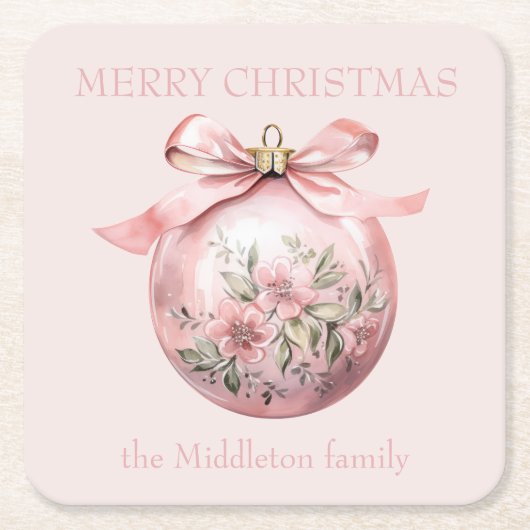 ピンクウォーターカラーフローラクリスマスオーナメント スクエアペーパーコースター (正面)