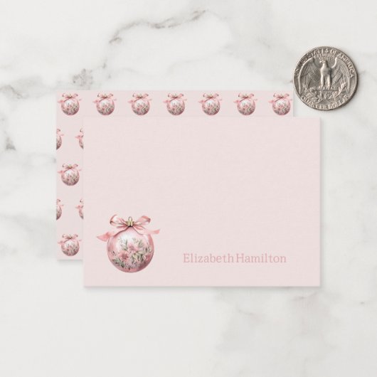 ピンクウォーターカラーフローラクリスマスオーナメント ノートカード (正面/裏面インサイチュ)
