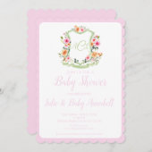 ピンクウォーターカラーフローラクレストベビーシャワー招待状 招待状 (正面/裏面)