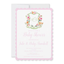 ピンクウォーターカラーフローラクレストベビーシャワー招待状