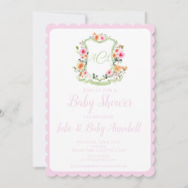 ピンクウォーターカラーフローラクレストベビーシャワー招待状 招待状