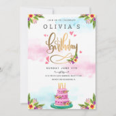 ピンクウォーターカラーフローラケーキ誕生日 招待状 (正面)