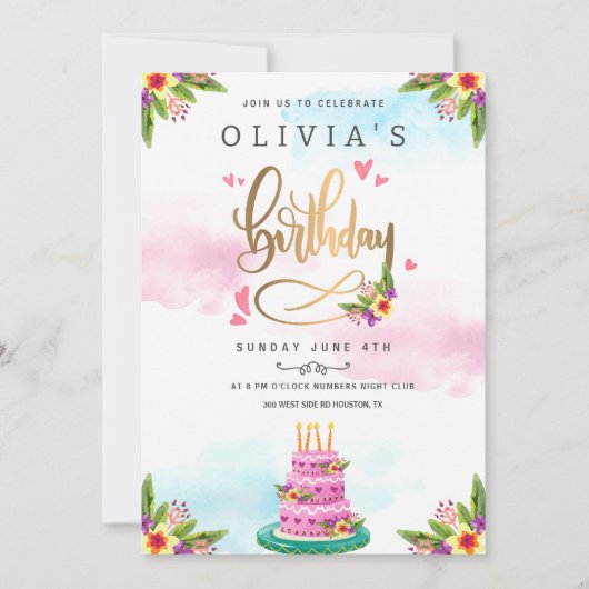 ピンクウォーターカラーフローラケーキ誕生日 招待状 (正面)