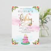 ピンクウォーターカラーフローラケーキ誕生日 招待状 (スタンド正面)