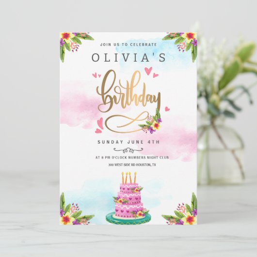 ピンクウォーターカラーフローラケーキ誕生日 招待状 (スタンド正面)