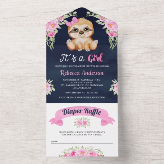 ピンクウォーターカラーフローラスロスネイビーブルーベビーシャワー オールインワン招待状 (内側)