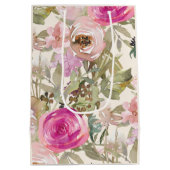 ピンクウォーターカラーフローラセージ緑葉色クリーム ミディアムペーパーバッグ (裏面)