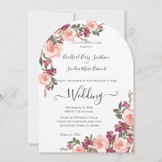 ピンクウォーターカラーフローラフローラ結婚式招待状 招待状 (正面)
