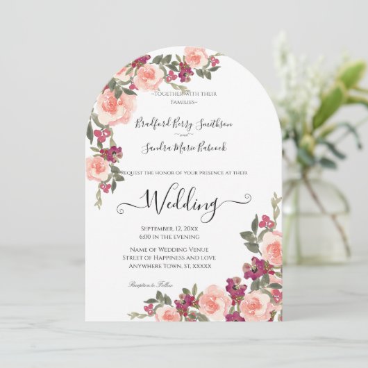 ピンクウォーターカラーフローラフローラ結婚式招待状 招待状 (スタンド正面)