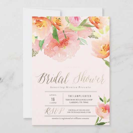 ピンクウォーターカラーフローラブライダルシャワー招待 招待状 (正面)