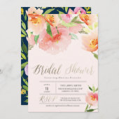 ピンクウォーターカラーフローラブライダルシャワー招待 招待状 (正面/裏面)