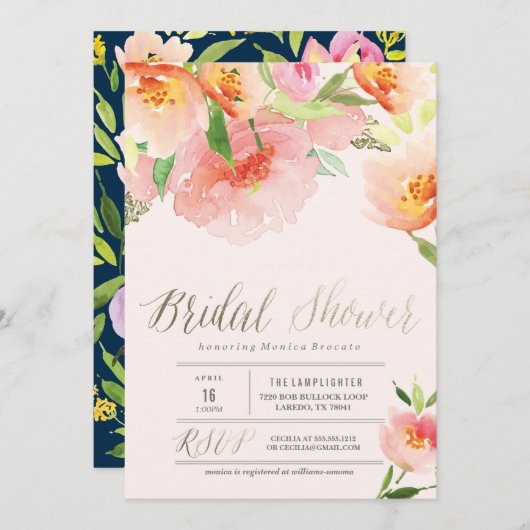 ピンクウォーターカラーフローラブライダルシャワー招待 招待状 (正面/裏面)