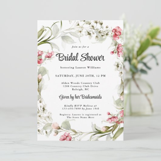 ピンクウォーターカラーフローラブライダルシャワー 招待状 (スタンド正面)